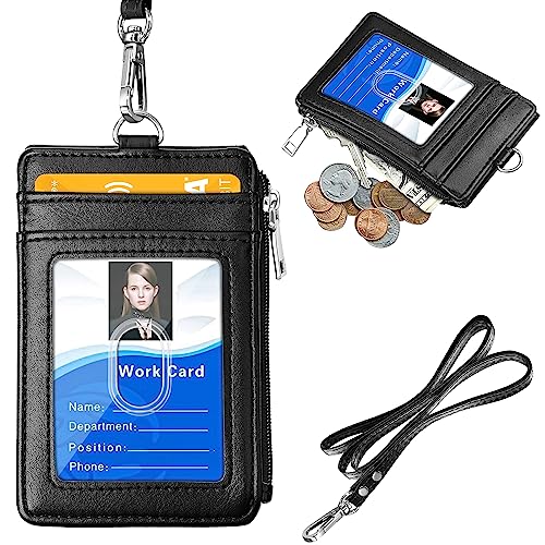 OFIFO PU Badge Holder Card Holder with Neck Strap Transparent Badge Holder Multi Purpose Badge Holder with Zipper Pouch & Card Slots Universal Staff Badge Holder