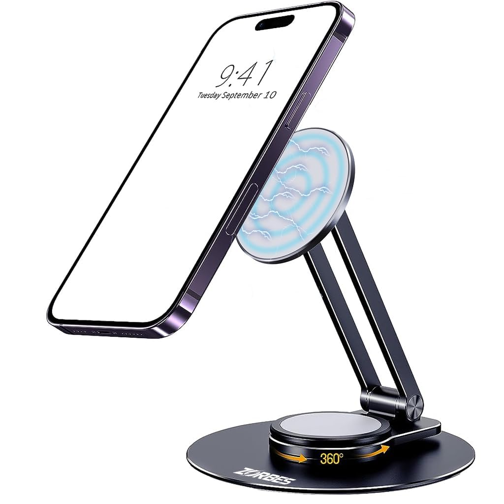 ZORBES® Magnetic Desk Phone Stand for iPhone 14 13 12 Series, Aluminum Phone Holder with 360°Rotation Base, Adjustable Foldable Mobile Stand Compatible with iPhone 14 13 12 Pro Max Mini, Mag Safe Case