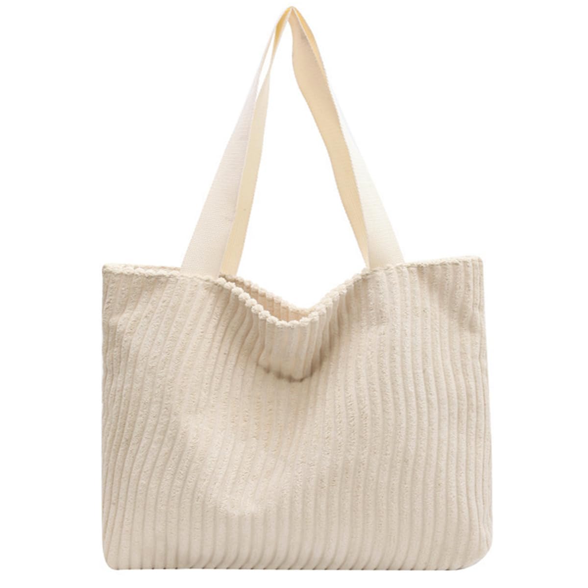 ZIBUYU Corduroy Tote Bag for Women Fashion Beige Casual Shoulder Bag Hand Bag with Zipper Nylon Webbing Shoulder Straps Design Book Bag Grocery Bag Versatile Daily Item Bag, 37x10x34cm