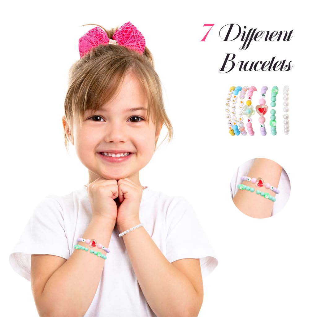 SANNIDHI Colorful Beaded Bracelets Set for Girls with Flower Heart and Rainbow Charms | 7 Pcs Elastic Acrylic Jewelry Gift for Ages 6–12