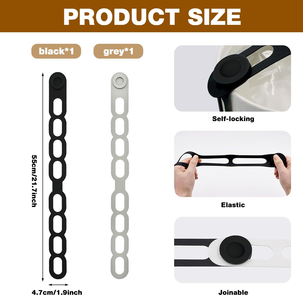 ZIBUYU Silicone Latch Strap for Slow Cooker Lid 24.4 in with Self Lock Tab | 2pcs Reusable Heat Resistant Tie
