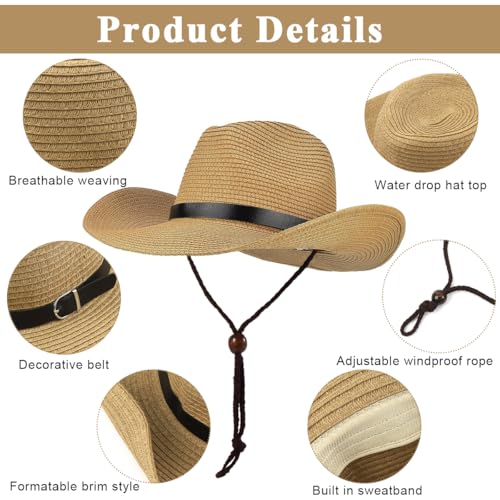 Proberos® Men's Straw Panama Hat Summer Fedora Trilby Wide Brim Adjustable Chin Strap UV Protection Breathable Lightweight Cowboy Style Ribbon Accent Outdoor Sun Cap 3PCS