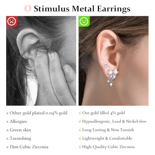 SANNIDHI® 3 Pairs Earrings Set for Women Girls Stylish Silver Hypoallergenic Pink Rhinestone Bow Stud Stainless Steel Cartilage Combo Multiple Piercing 2 PCS