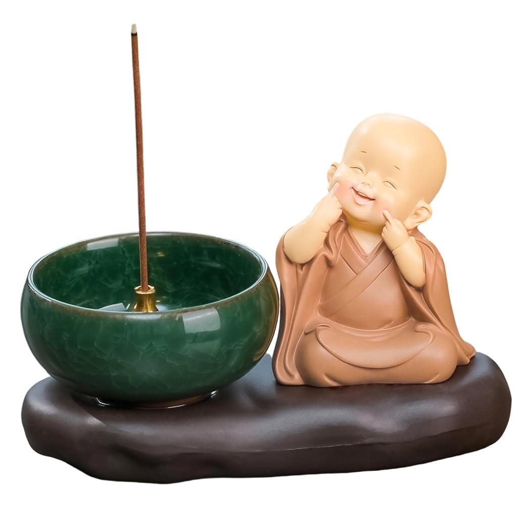 HASTHIP Incense Stick Burner for Meditation and Relaxation with Ash Catcher 12x6.5x10cm | Ceramic Buddha Statue featuring Gourd Shaped Alloy Holder