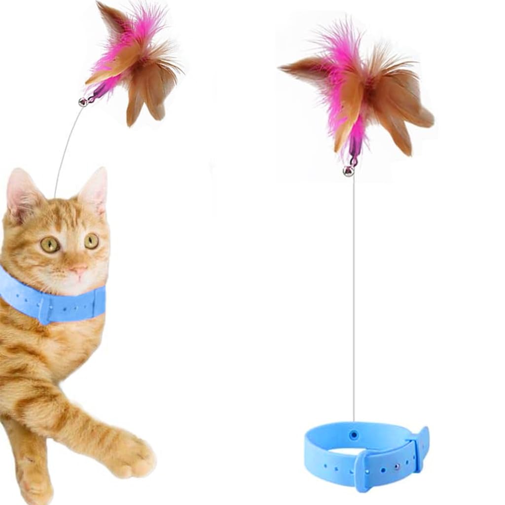 Qpets® Cat Teasing Toy Feather Teasing Wand Toy Wearable Collar Cat Teasing Toy with Bell and Feather Cat Self-Entertainment Toy Boredom-Buster Toy