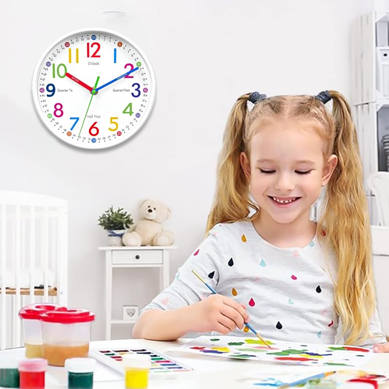 HASTHIP Silent Kids Wall Clock for Teaching Time with Non Ticking Mechanism 8 inch | Colorful Roman Numerals Décor