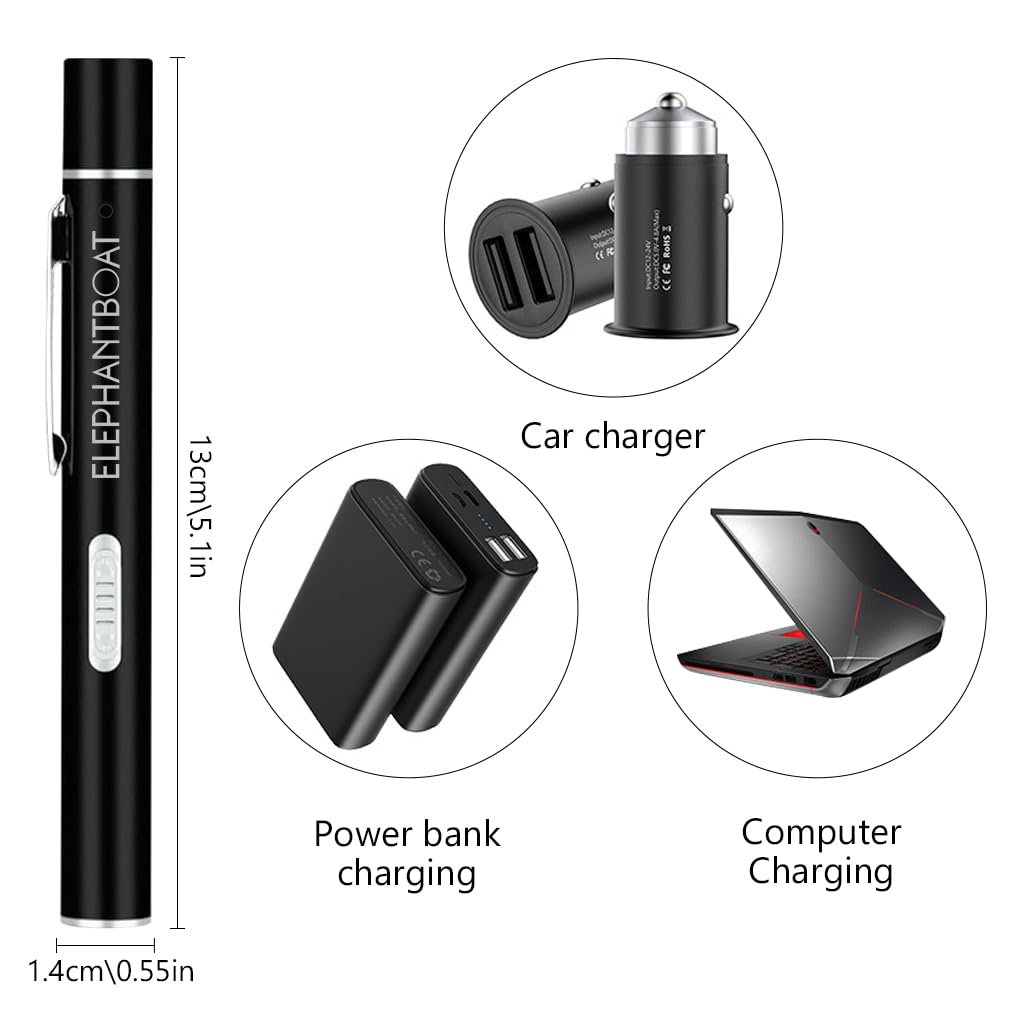 ELEPHANTBOAT Pen Torch for Doctors Nurses, Light Dual Light Yellow White Light Beam Pen Light for Checking Oral, Pupil, Eyes, Ears, Nasal Cavity USB Rechargeable Pen Light (Black)