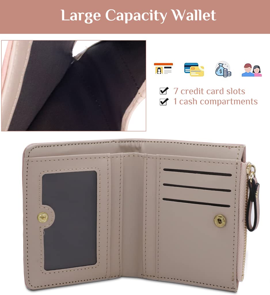 PALAY  Wallets for Women Stylish PU Leather Coins Zipper Pocket Cute Mini Animals Embroidery Short Wallet Card Holder Billfold Purse Wallet Gift for Girls (Pink)