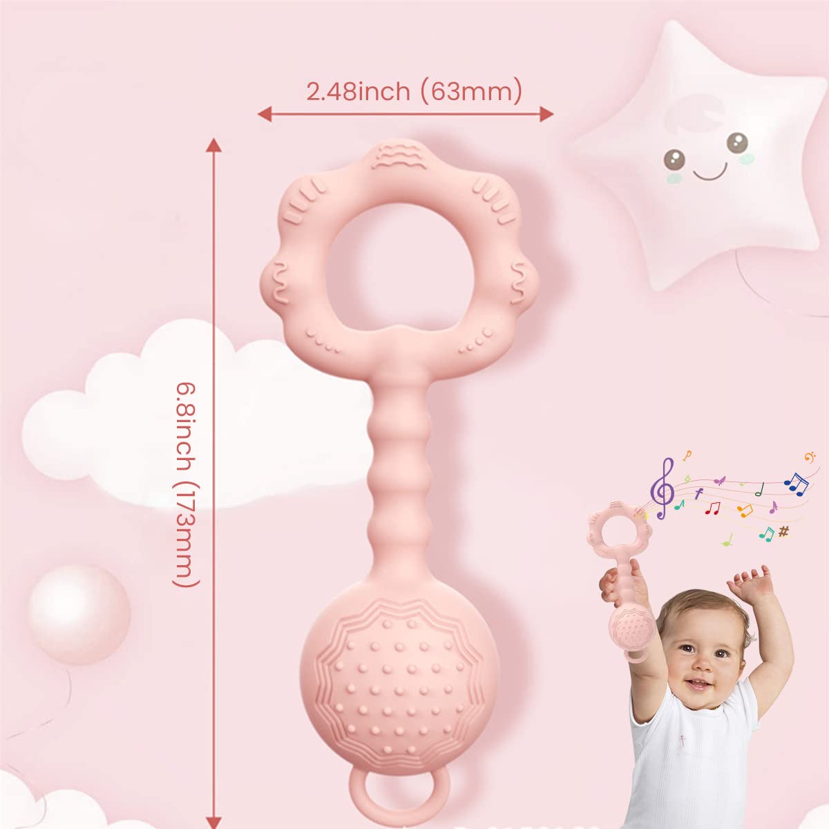 PATPAT® Silicone Teether for 6 to 12 Months Baby BPA Free, Teether Rattles for Baby 0-6 Months with Textured Surface, 2 In 1 Baby Teether Rattle, Food Grade Teething Toys for Babies, New Born Baby Toy