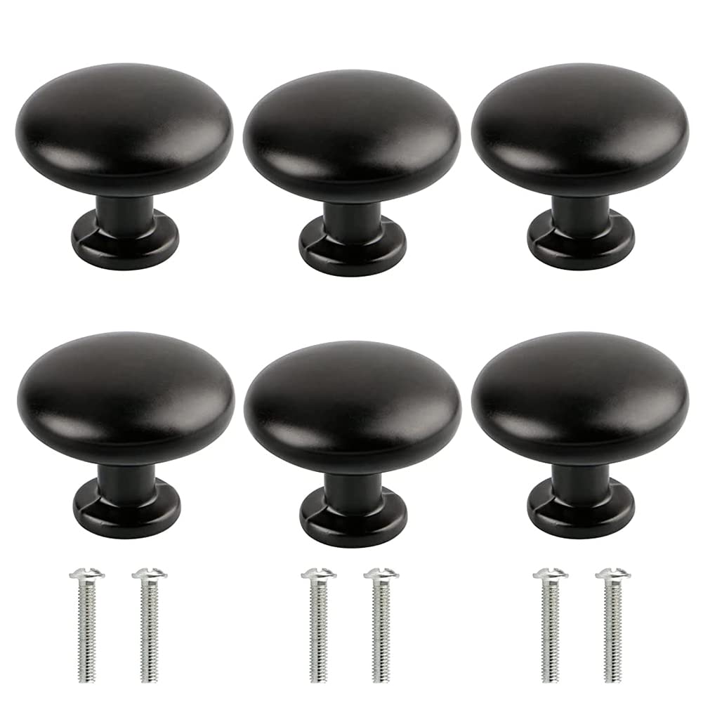 HASTHIP® 6PCS Premium Metal Matt Black Aluminum Alloy Door Knob, 30mm in Diameter, with Screws