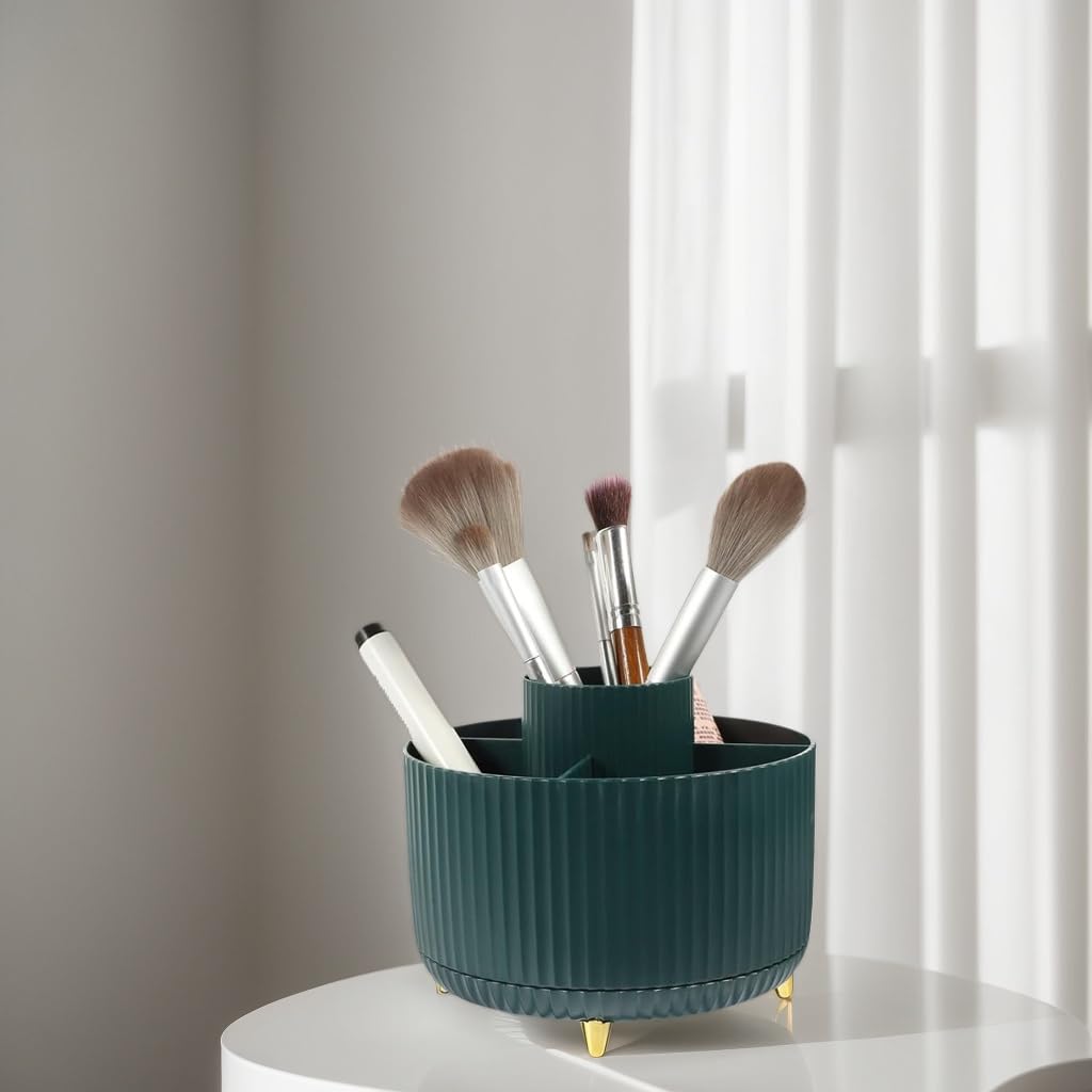 Zibuyu Makeup Brush Organizer for Desk and Vanity featuring 360 Degree Rotating 5 Compartments 15x15x12cm Green