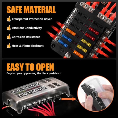 STHIRA® HIRA 12V Car Fuse Box Kit 12-Way Blade Block with LED Indicator Waterproof Compact Design Universal Holder for Auto Truck Boat Includes Plastic Cover Mini Fuses 2PCS
