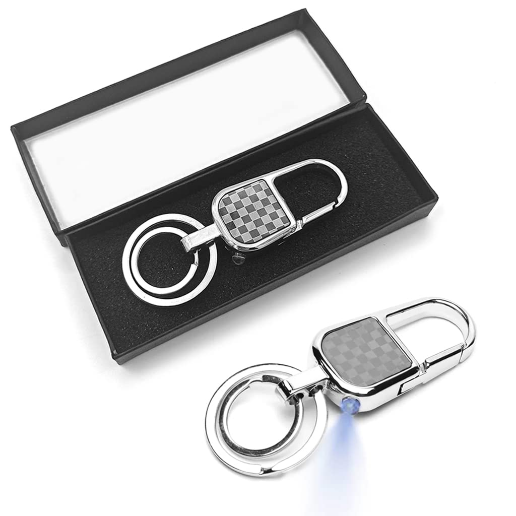 GUSTAVE Key Ring with LED, Ultra Bright Metal LED Keychain, Double Key Ring Spring Buckle Keychain with Gift Box for Home Key Ring for Bike, Silver