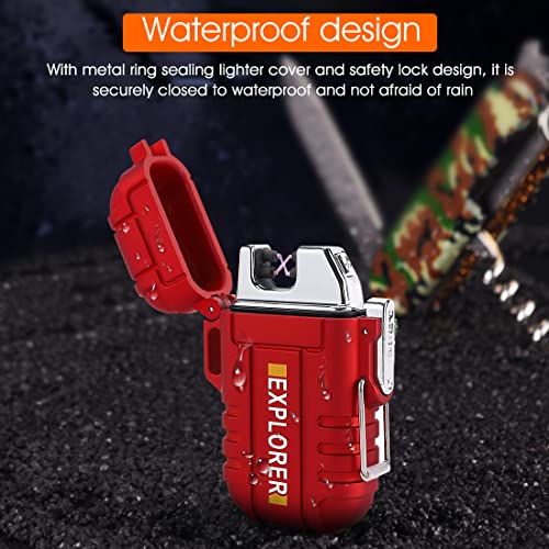ZIBUYU Dual Arc Plasma Lighter USB Electric Windproof Beam Arc Lighter Flameless Arc Lighter Rechargeable Electric Lighter for Camping, Hiking, Adventure, Survival Tactical Gear - Red