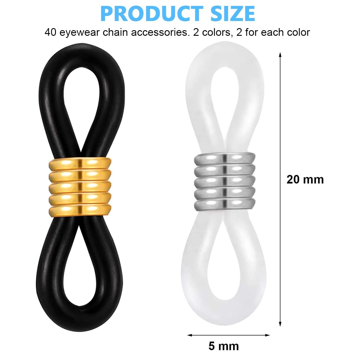 HASTHIP Eyeglasses Chain Hook Attachments for Glasses featuring Adjustable Metal Coil | 40pcs Silicone and Stainless Steel Ends 20x5mm