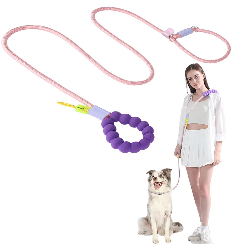 Qpets® 5ft Dog Leash with 360 Degree Swiveling Alloy Attachment Buckle Nylon Woven Dog Leash No Pull Dog Leash with Soft Padded Handle & Extra Attaching Carabiner, Pink