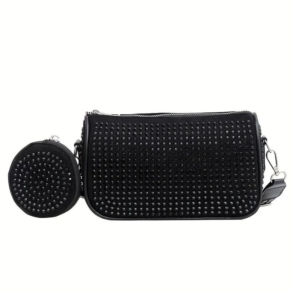 ZIBUYU® Small Crossbody Bag Women Fashion Shoulder Bag with Matching Coin Pouch Trendy Soft Handbag Black Diamond-Embellished Shoulder Bag  Daily Bag with Adjustable Shoulder Belt