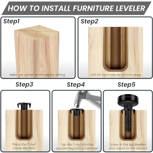 Serplex® 4 Set Adjustable Leveling Feet Heavy Duty Height Table Furniture Levelers with T Nut Kit 3/8-16 Thread for Chairs Cabinets Sofa Raiser 2PCS