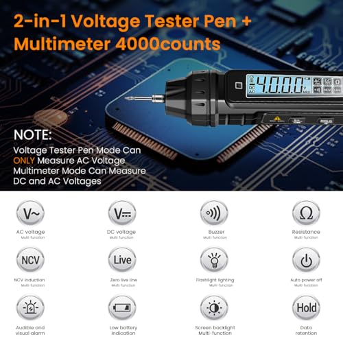 Serplex® Digital Multimeter Non Contact Voltage Tester Meter 4000 Count AC/DC Voltage Tester Current Meter Non-Contact Voltmeter Sensor Live Wire Detection Resistance Battery NOT INCLUDED X2