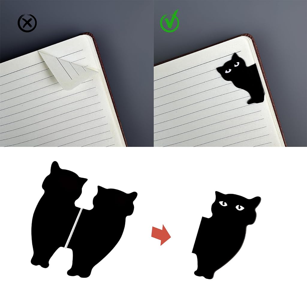 ZIBUYU Black Cat Magnetic Bookmarks 6 Pc Set with Secure Fold Over Magnets for Readers | Cute Kawaii Page Markers for School and Office Use