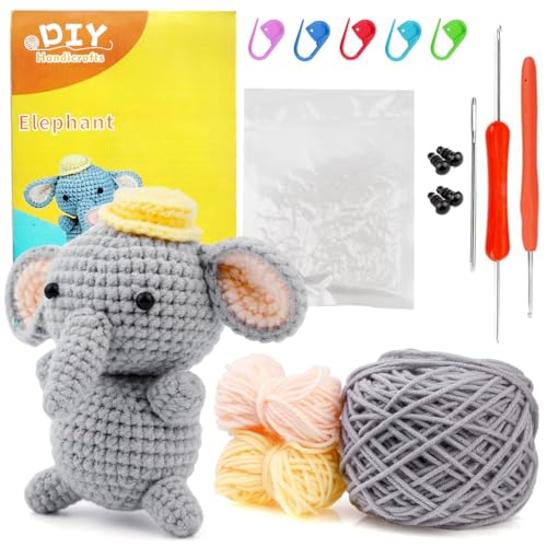 PATPAT® Crochet Stuffed Animal Kit Crochet Kit for Beginners DIY Knitting Kit Full Set Crochet Starter Kit with Yarn, Polyester Fiber, Crochet Hooks, Tutorial Video, Kids Christmas Gifts (Elephant)