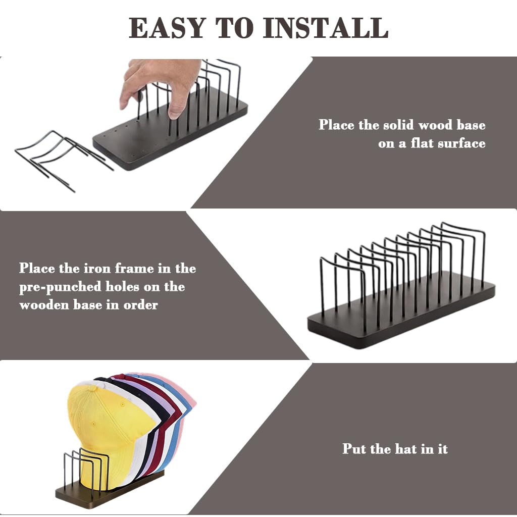 HASTHIP Hat Organizer for Desk and Shelf Display with 10 Slots and Wooden Base | 26.5x10x10cm Metal Wire Cap Holder