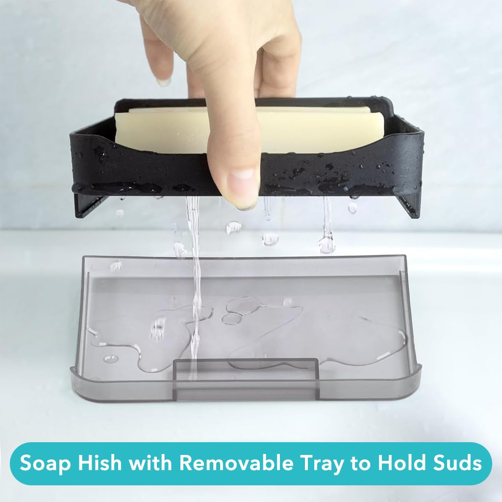 Supvox Soap Holder for Bathroom with 2 Pcs Adhesive Mount and Removable Drain Tray | Black