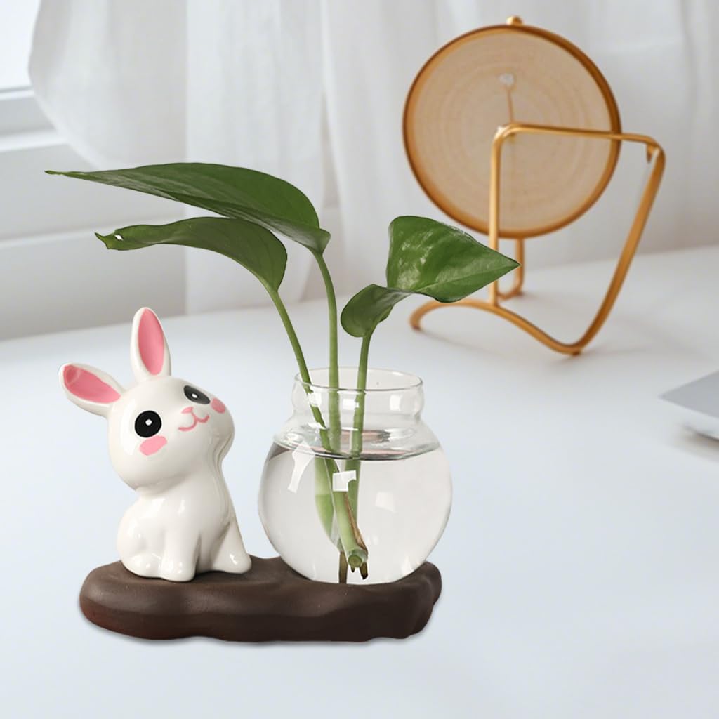HASTHIP Mini Glass Hydroponics Pot Set for Desk Decor with 6.5x7cm Glass Pots and Compact 12x6cm Base | Cute Ceramic Bunny Ornament Gift