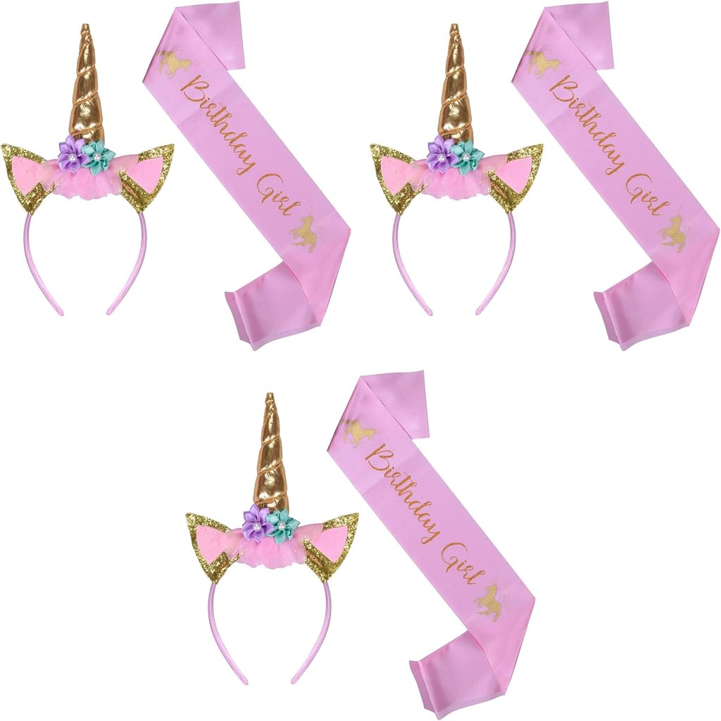 PATPAT Unicorn Party Birthday Girls Set including 6PCS Headband and Pink Sash for Kids