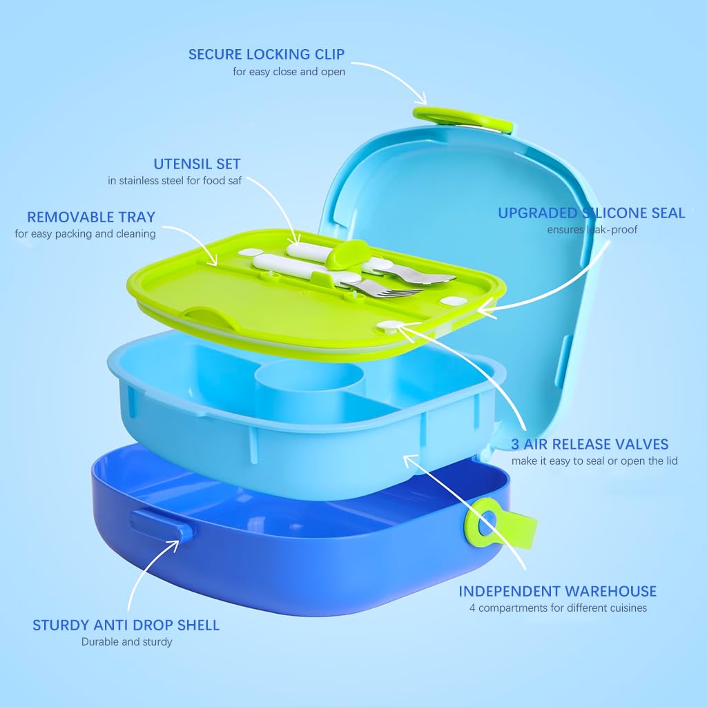 Supvox Lunch Box for Kids with 1300 mL 4 Compartments featuring Steam Heating | Blue