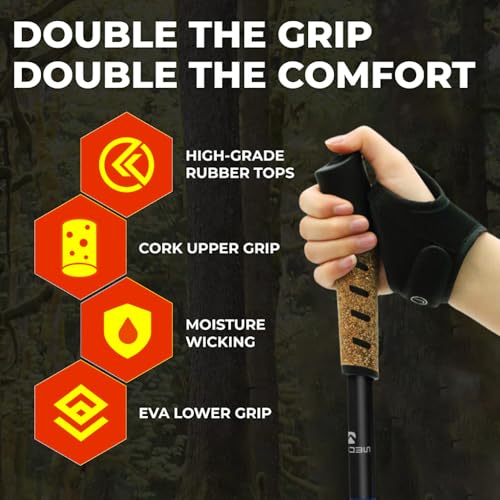 Proberos® 1Pair Trekking Poles with Grab Straps 53 in Telescopic Right Left Hand Sticks 260g Aluminum Alloy Hiking Tungsten Tips Anti-Slip Cork Handle Design Black 3PCS