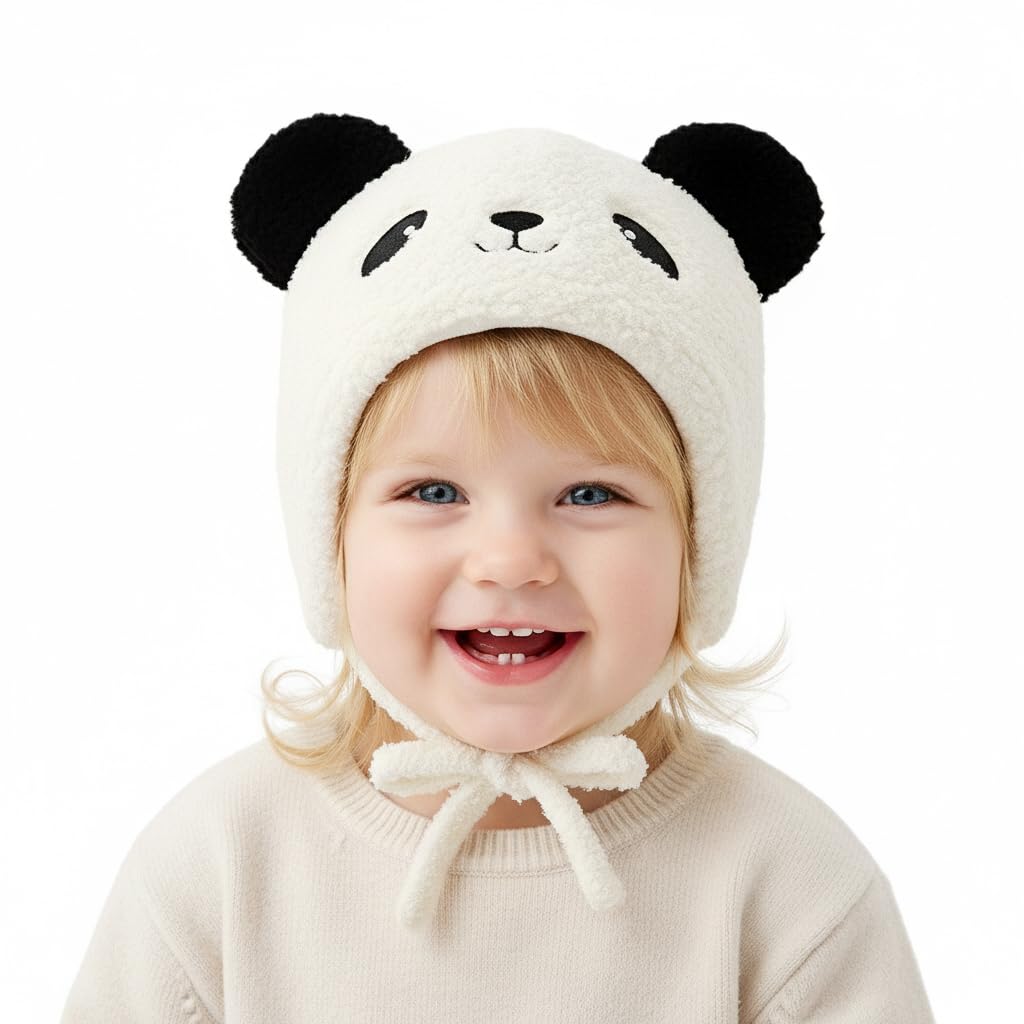 SNOWIE SOFT Panda Baby Winter Cap for 6–36 Months with Chin Strap and Plush Ears | Warm Knitted Beanie for Outdoor Use