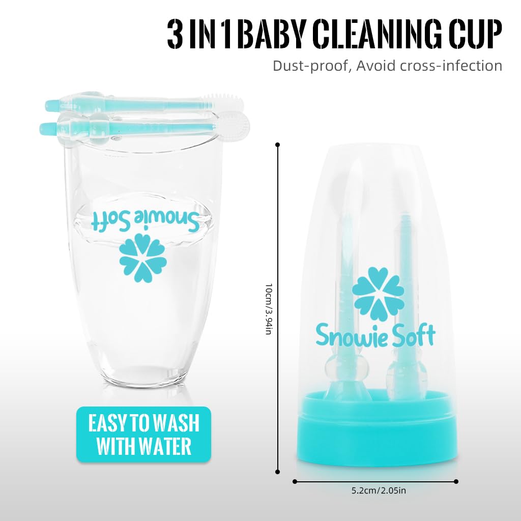 SNOWIE SOFT Baby Oral Cleaning Brush 2pcs Set with Silicone Bristles and Storage Case for 6–24 Months | Blue Toothbrush and Tongue Cleaner