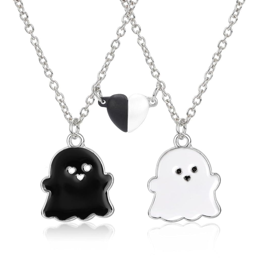 ZIBUYU Friendship Couple Necklaces Cartoon Ghost Necklace Black & White Magnetic Heart Charm Kawaii Little Ghost Charm Necklaces Friendship Necklaces Couple Necklaces Friendship Gift