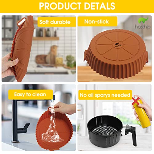 HASTHIP® Air Fryer Reusable Silicone Pot, 6.8 inch Non-Stick Silicone Air Fryer Liners with Ear Handles, Air Fryer Accessories, Round Air Fryer Oven Pot Foodgrade Silicone Heat Resistant (Brown)