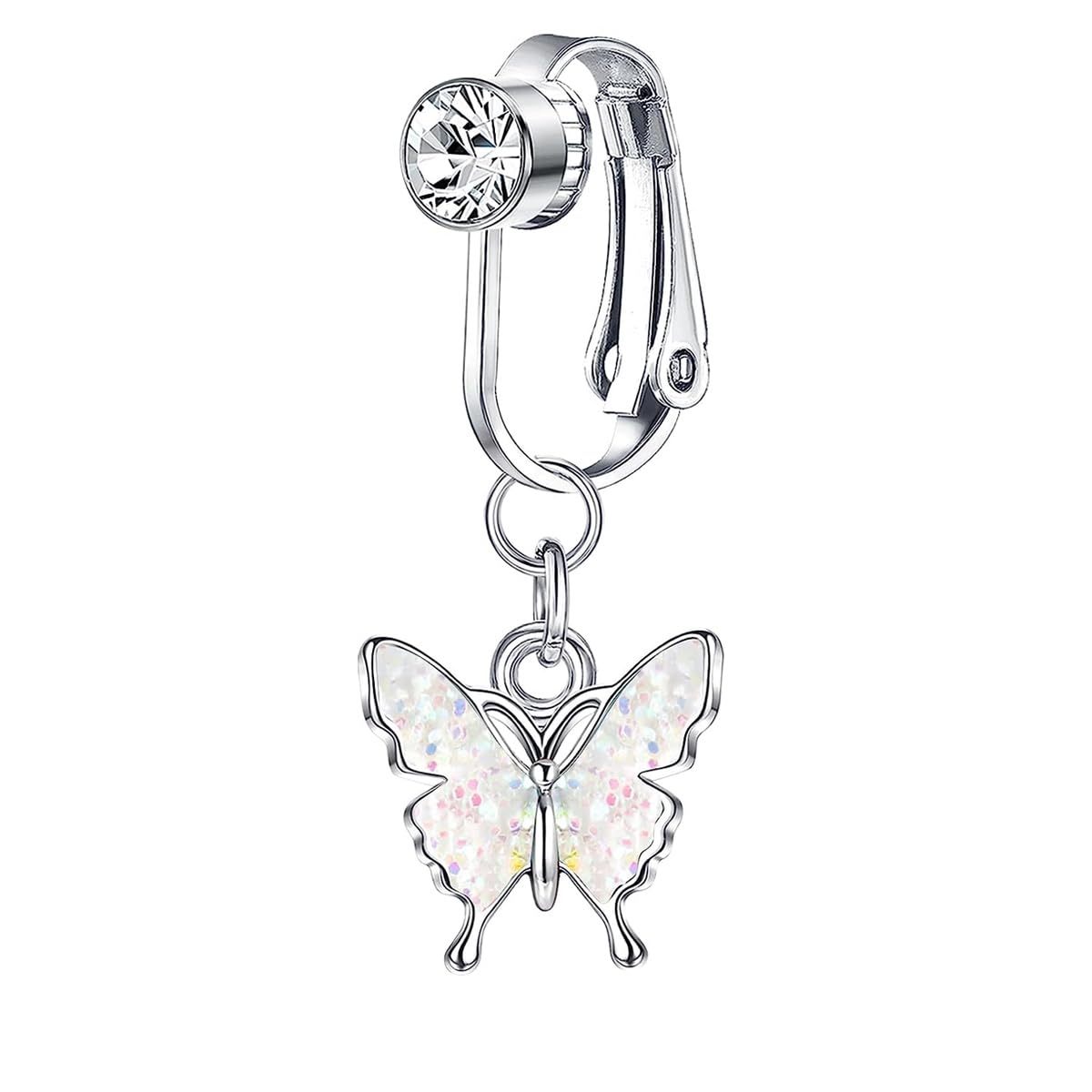 SANNIDHI Fake Belly Button Rings, Clip On Belly Piercing Jewelry, 316L Stainless Steel Heart-shape/Evil Eye Rhinestone Navel Belly Rings for Women Girls - Non Piercing, Silver (Butterfly)