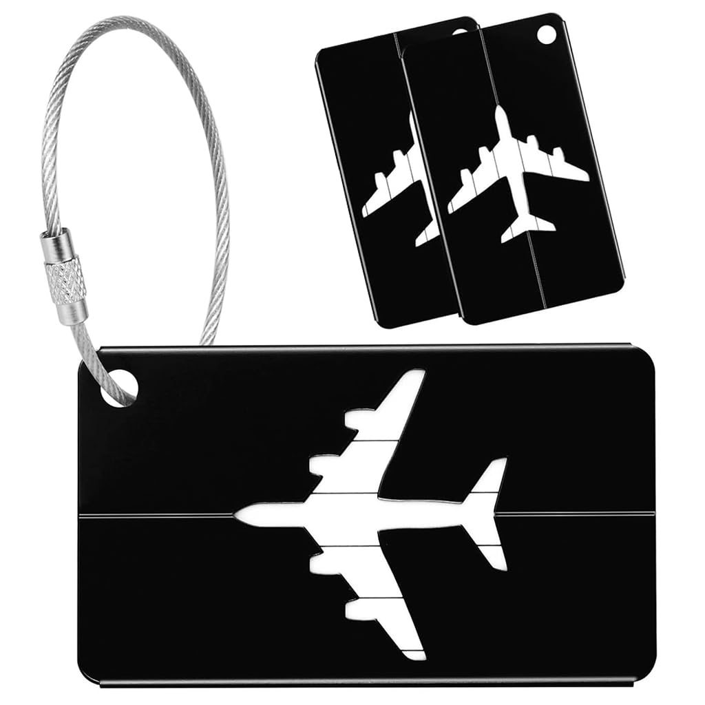 ZIBUYU Luggage Tags 3 Pack for Travel with Steel Loops and Privacy Cover | Black Aluminum ID Labels