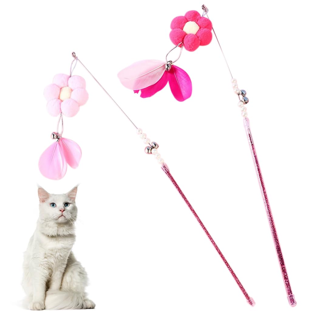 Qpets® Pet Toys for Cats, 2PCS Interactive Cat Toys for Persian Cat, Pink Cat Teaser Toy for Cats to Play Flower Feather Wands with Bell Feather Stick Teasing Toy