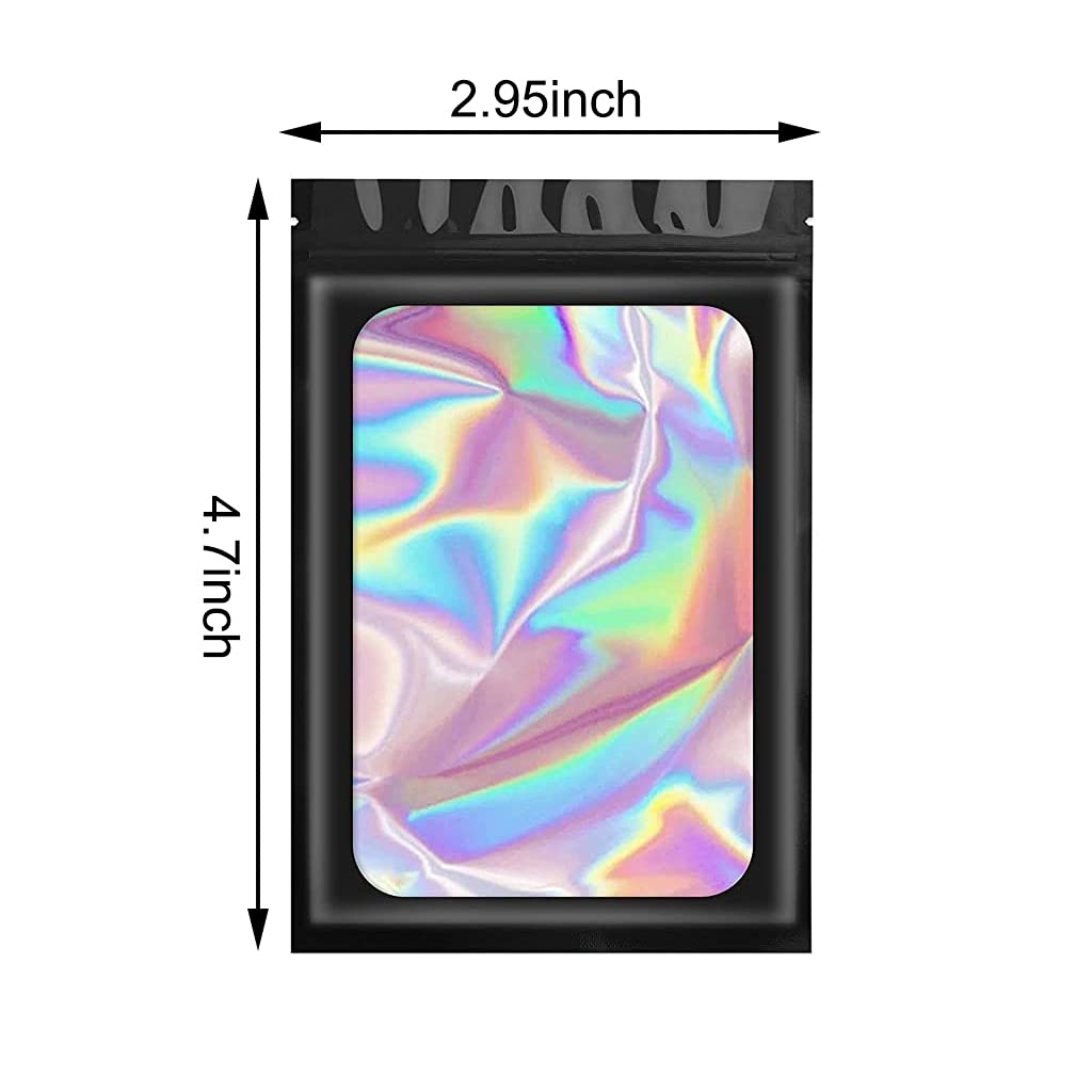 HASTHIP Smell Proof Mylar Bags for Food and Jewelry with Tight Zip Seal 100 Pcs 7.5x12cm | Black and Holographic Design