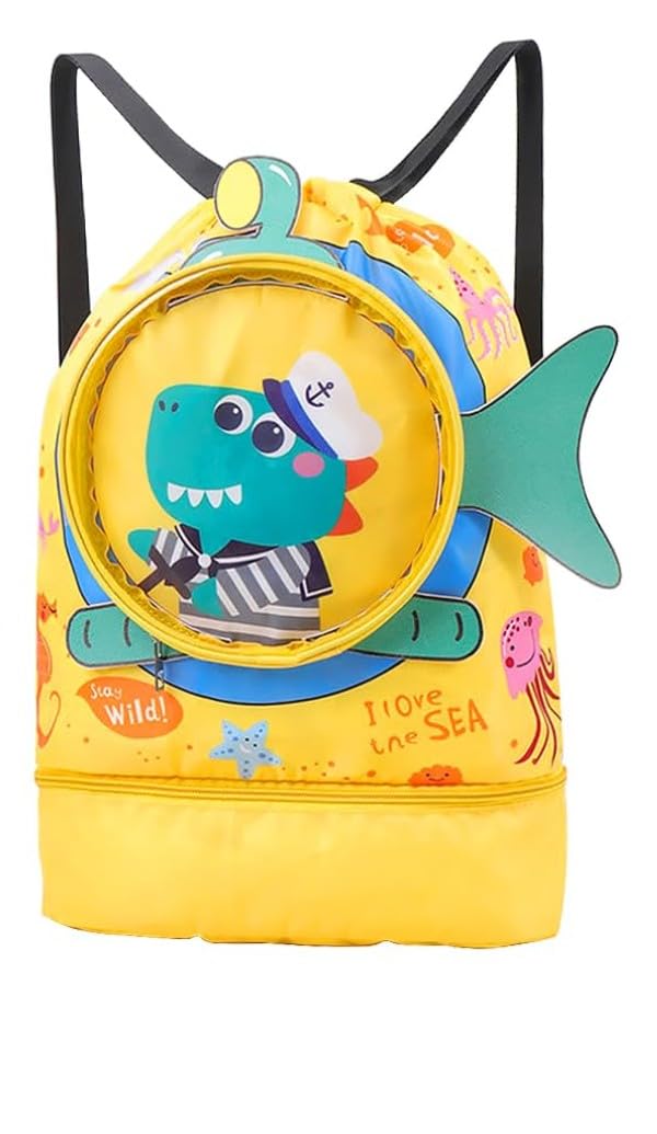 PALAY® Swimming Bag for Kids Cartoonish Print Shoulder Bag for Kids Large Capacity Backpack for Girls Boys Wet Dry Separation Drawstring Bag Beach Bag for Clothes, Swimming Goggles, Shoes, Yellow