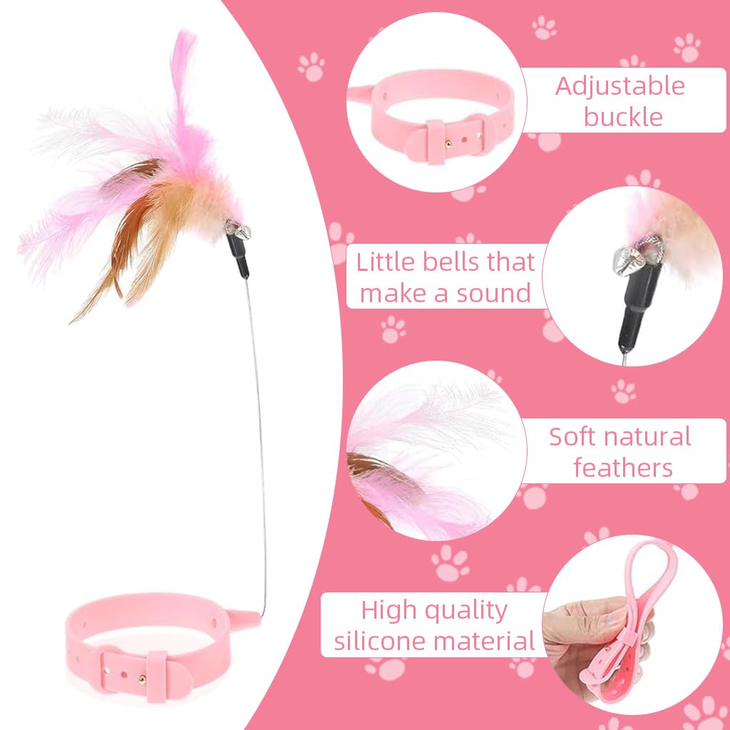 Qpets Cat Collar for Indoor Play with 23cm Steel Wire Feather Toy & Bell | Adjustable Rubber Fit 18–27cm