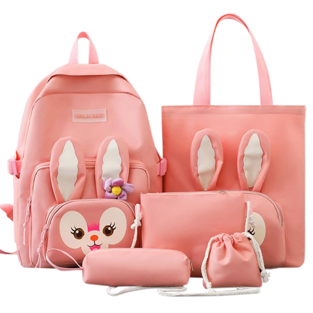 PALAY® 5Pcs Set Cute Backpack for Girls Canvas Backpacks Set with Canvas Tote Bag Waterproof Multi-Pocket Kawaii School Backpack for Kids Laptop School Bag