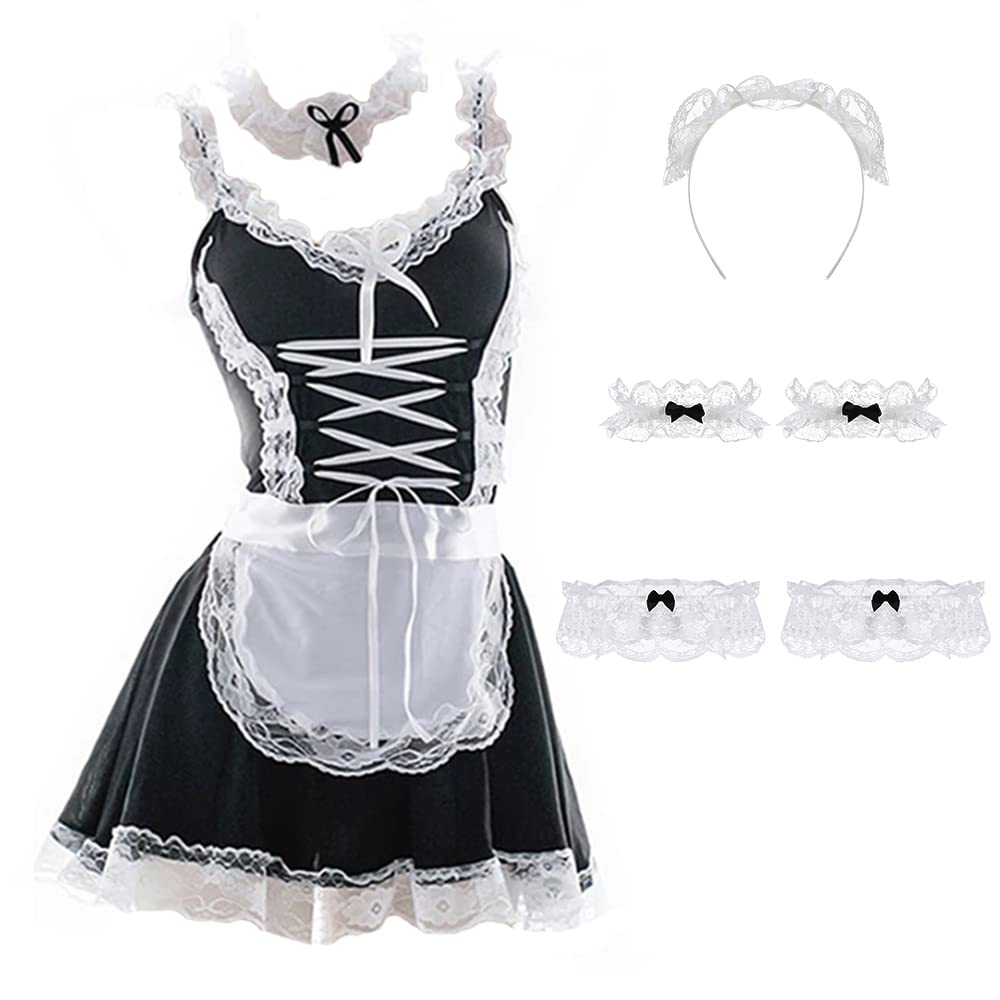ZIBUYU Maid Dress Cosplay Costume Maid Dress Costume For Party Halloween Lace Apron Maid Dress Set With Lace Choker Lace Wristband Hairband|Black