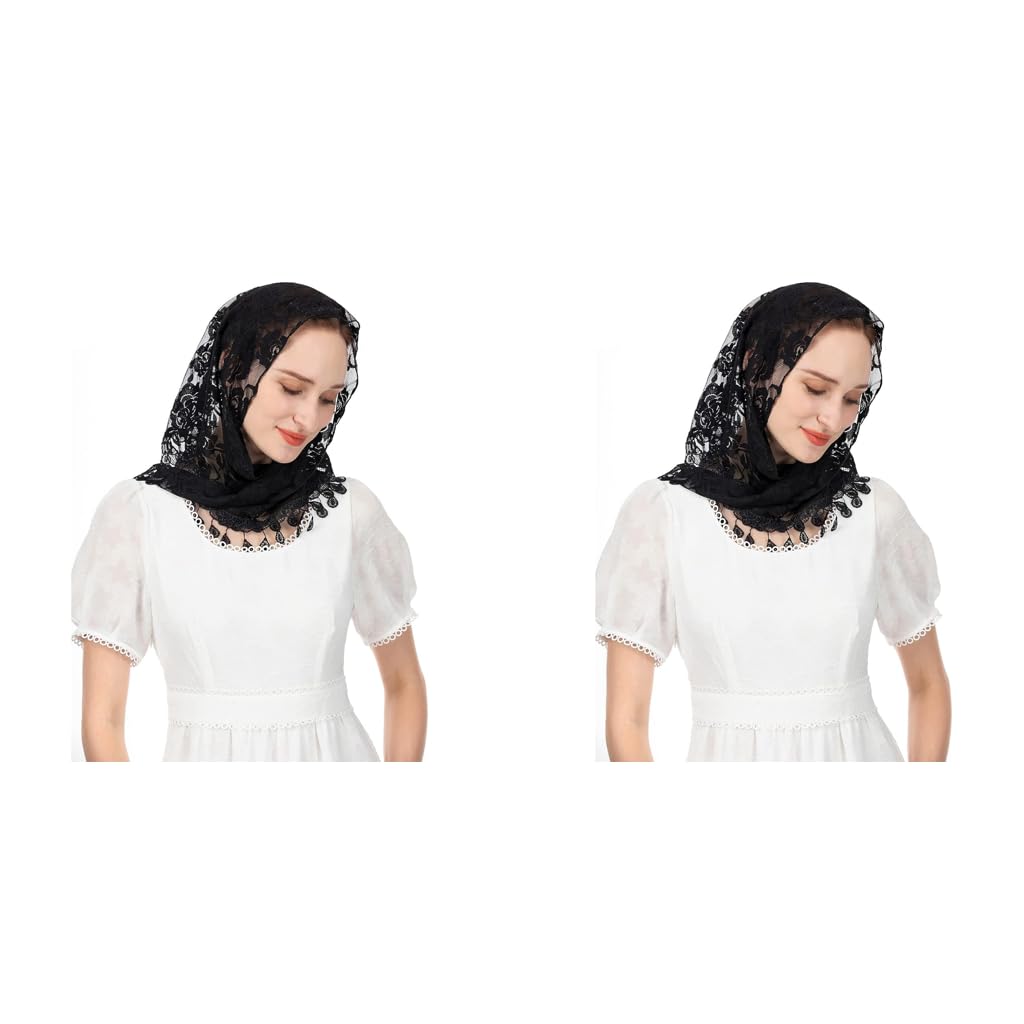 PALAY Triangle Lace Mantilla Veil Head Scarf for Church Mass with Rose Embroidery | Black 2PCS