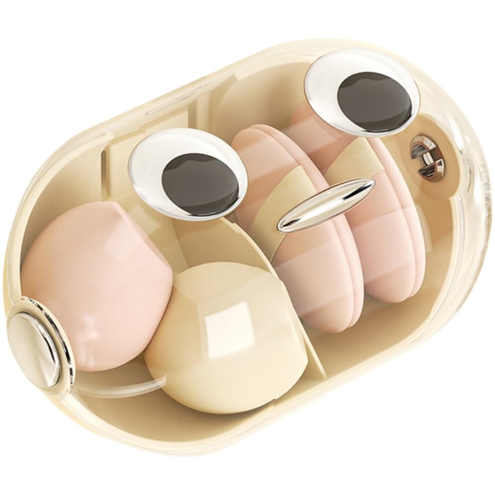 HASTHIP® Beauty Blender Case - Wall-Mounted Makeup Sponge Holder with Cute Big Eyes and Lid, 2 Compartments(1 PC,Whiter)