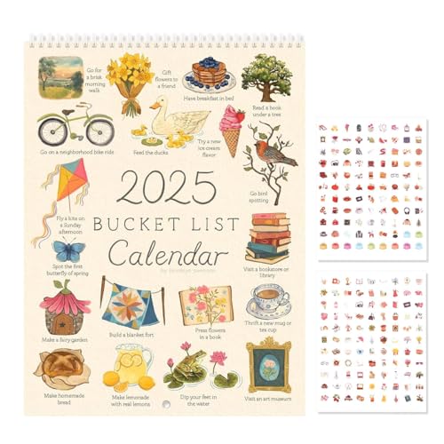 OFIFO® 2025 Bucket List Calendar, Creative 2025 Wish List Calendar Planner with Colorful Scrapbooking Stickers, Coil Binding Wall Hanging Calendar 2025 to-Do List Monthly Calendar