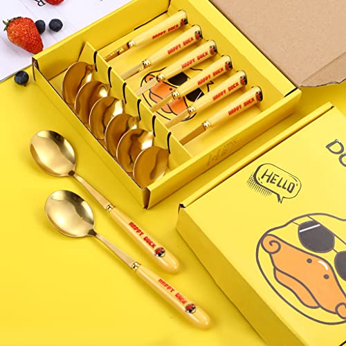 HASTHIP® 6Pcs Soup Spoons Stainless Steel, Round Head Soup Spoons, Cartoon Yellow Duck Spoon for Kids, Dinner Metal Spoons for Soup Dessert, Comfortable Plastic Handle, 7.28 Inch