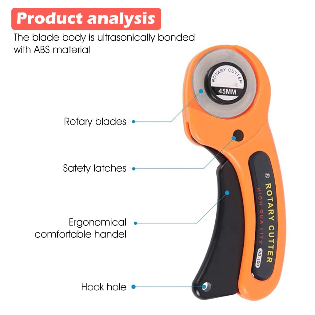 ZIBUYU® Roller Cutter for Fabric Rotary Cutter Roller Alloy Steel Blade Manual Sewing Cutter Roller with Lock Button Leather Craft, Paper, Fabric Cutter Roller Rotary Cutter Blades in 45mm - 10 Blades
