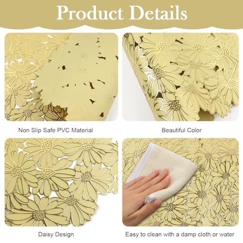 HASTHIP 6pcs Golden Daisy Placemats Floral Embossing Dinning Table Placemats PVC Grease-Proof Decorative Placemats Multipurpose Placemat for Party, Festival, Gathering