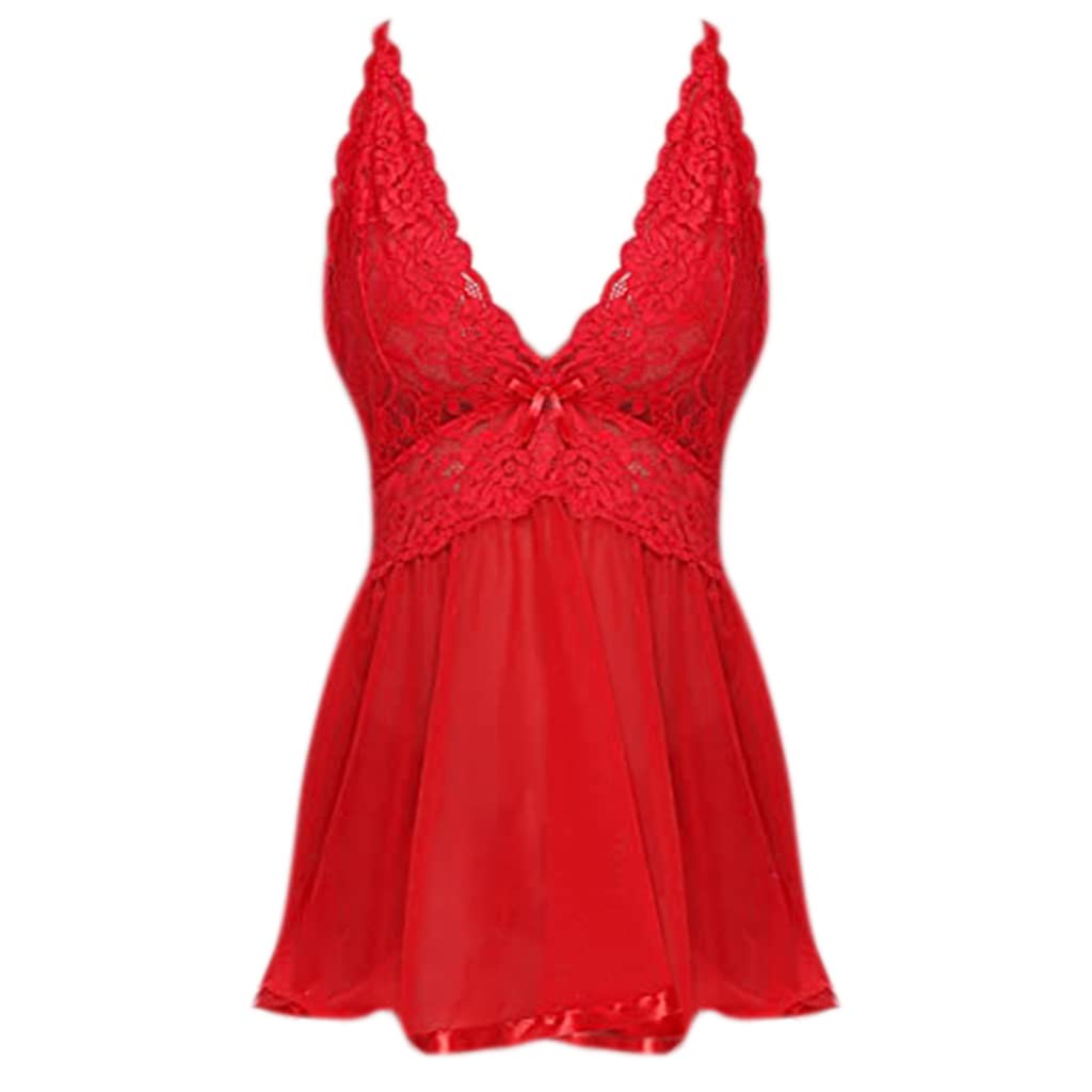 ZIBUYU Babydoll Lingerie Set for Women, Spandex Transparent Sleeping Dress with Panty, V Neck Woman's Lace Lingerie for Honeymoon Special Night Occasion